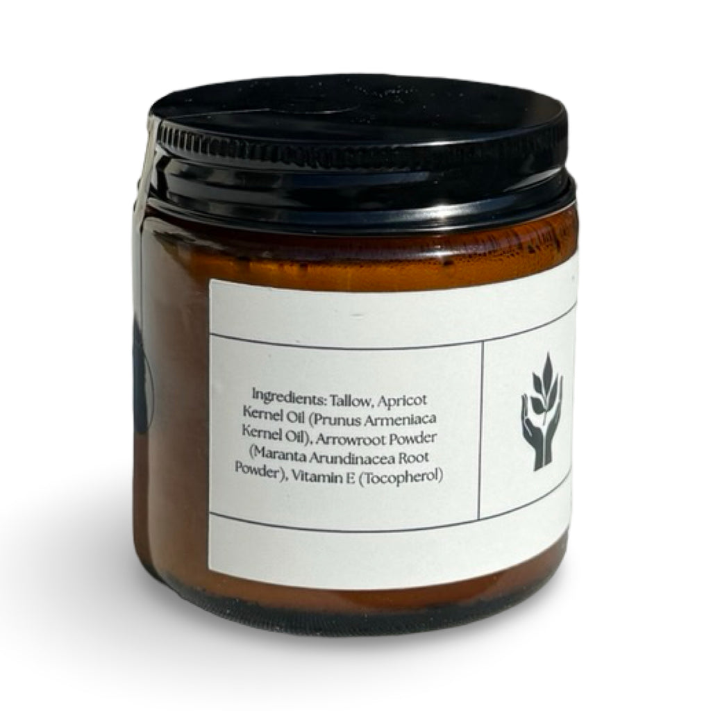 Close-up of Present Body Co. Unscented fragrance free tallow balm jar.