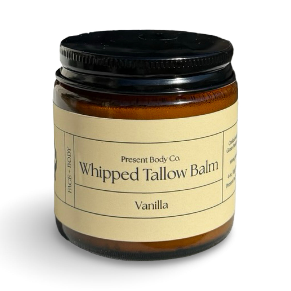 Vanilla whipped tallow balm by Present Body Co., amber jar with black lid.