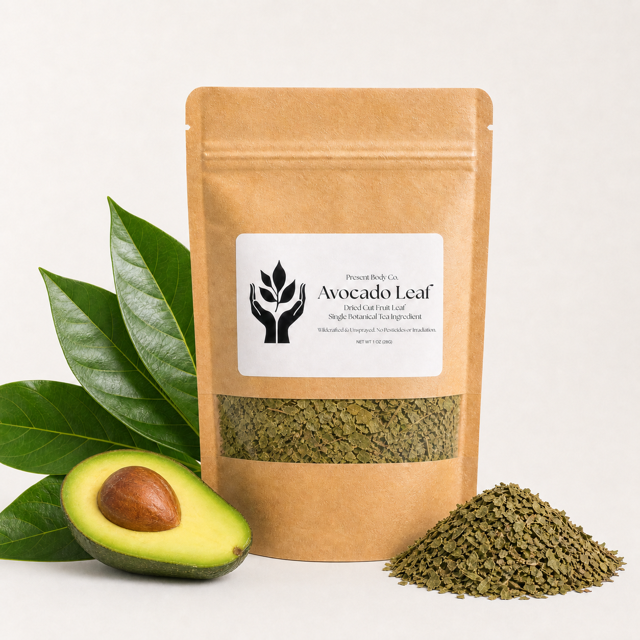 A kraft paper stand-up pouch labeled Avocado Leaf, shown with green leaves, a halved avocado, and a small pile of the dried leaf product on a clean white background.