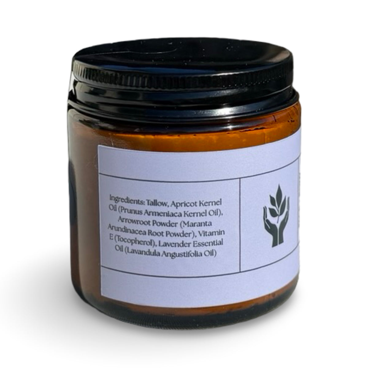 Close-up of Present Body Co. Lavender grass fed tallow balm jar.