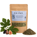 Present Body Co. Balance Fruit Leaf Tea, a mulberry, fig and olive leaf blend, in a 1 oz kraft pouch.