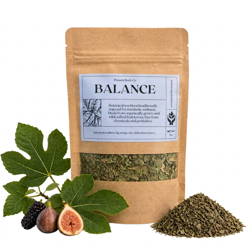 Present Body Co. Balance Fruit Leaf Tea, a mulberry, fig and olive leaf blend, in a 1 oz kraft pouch.