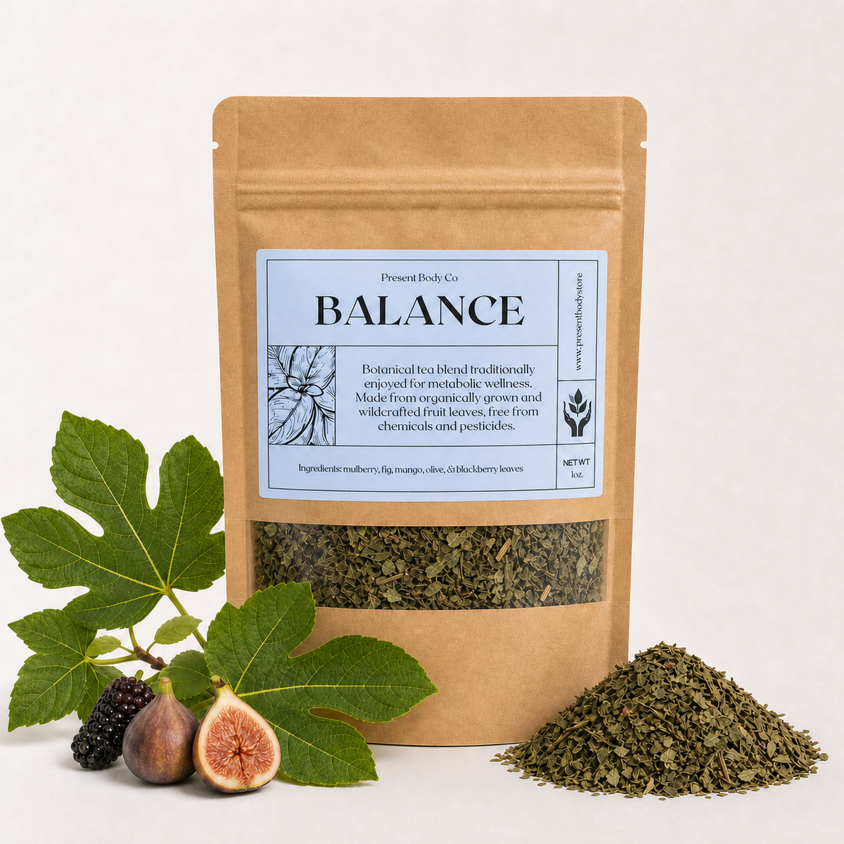 A kraft paper stand-up pouch labeled 'Present Body Co. BALANCE' with a clear window showing dried herbal leaves, styled with fig leaves, figs, and a pile of the green-brown herbal blend on a white background.