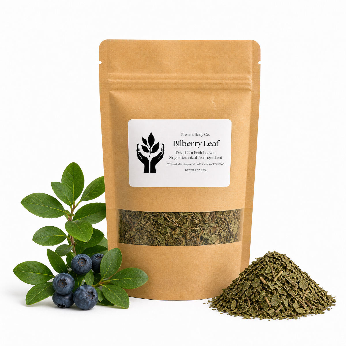 Present Body Co. Bilberry Leaf dried and cut leaf tea.