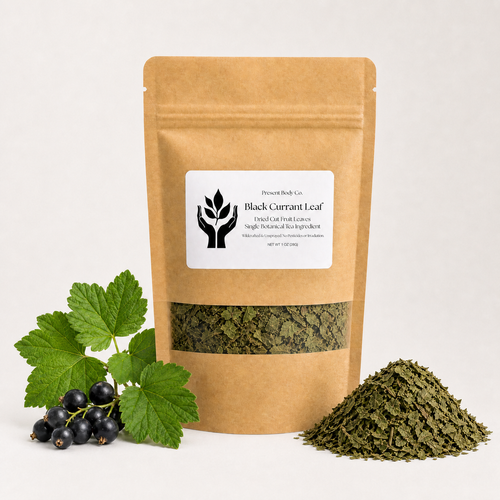 A kraft paper stand-up pouch labeled 'Black Currant Leaf' by PresentLeaf Co., shown with green currant leaves and dark berries on the left and a small pile of dried leaf material on the right, against a clean white background.