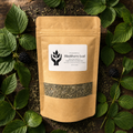 A kraft paper stand-up pouch labeled 'Blackberry Leaf' by Powerleaf Co, placed on a rustic wooden surface and surrounded by green leaves and blackberries.