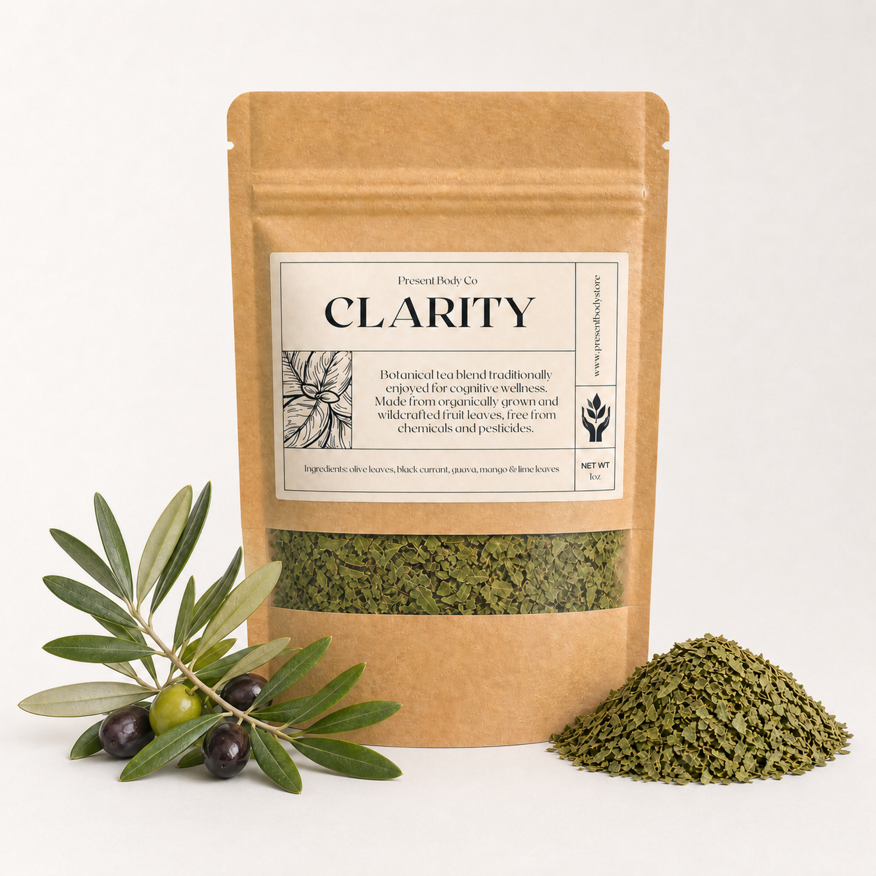 A kraft paper stand-up pouch labeled 'Pomegranate Co. CLARITY' with a clear window showing dried green herbal pieces inside, photographed on a white background with green pomegranate branches and a small pile of the herbal product in front.