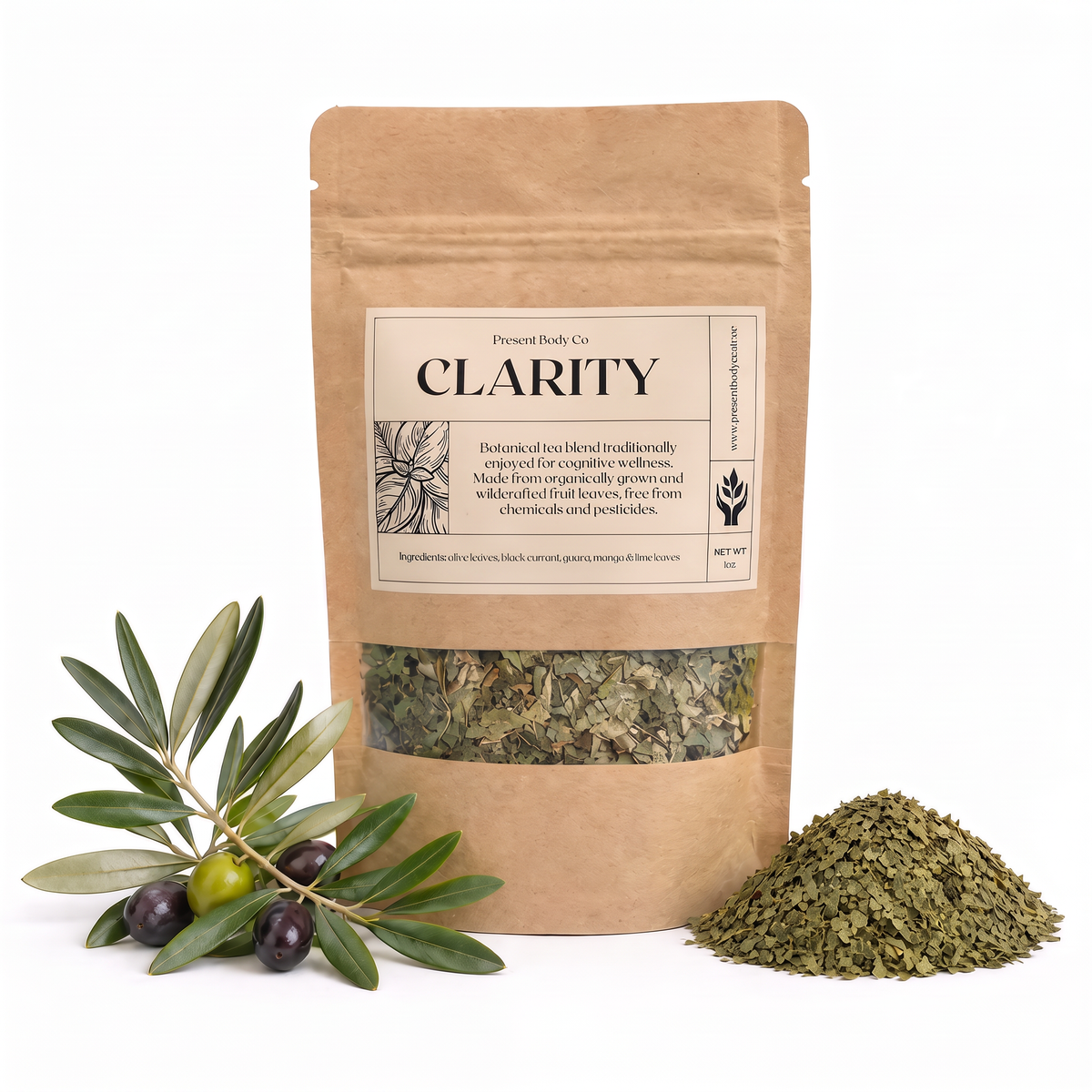 Present Body Co. Clarity Fruit Leaf Tea, an olive, passion fruit and lime leaf blend, in a 1 oz kraft pouch.