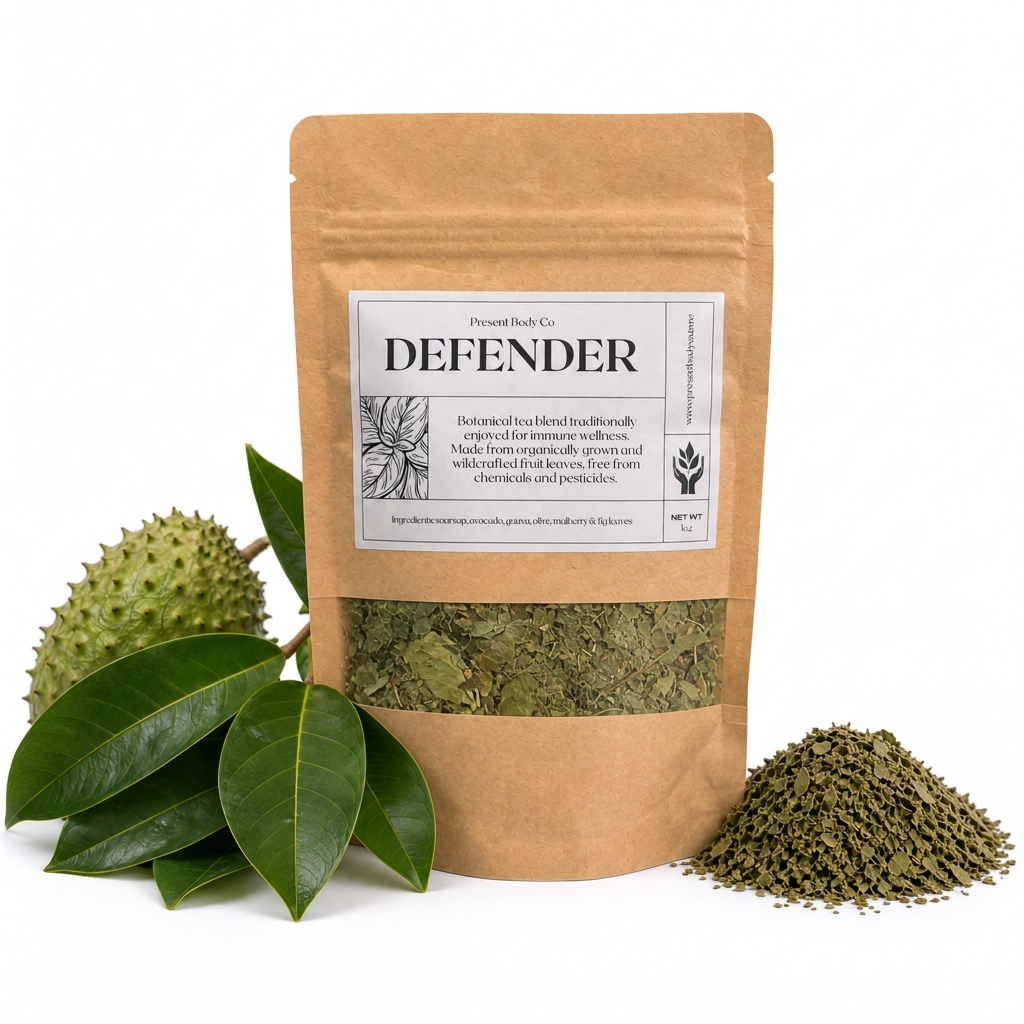 Present Body Co. Defender Fruit Leaf Tea, a soursop, olive and mulberry leaf blend, in a 1 oz kraft pouch.