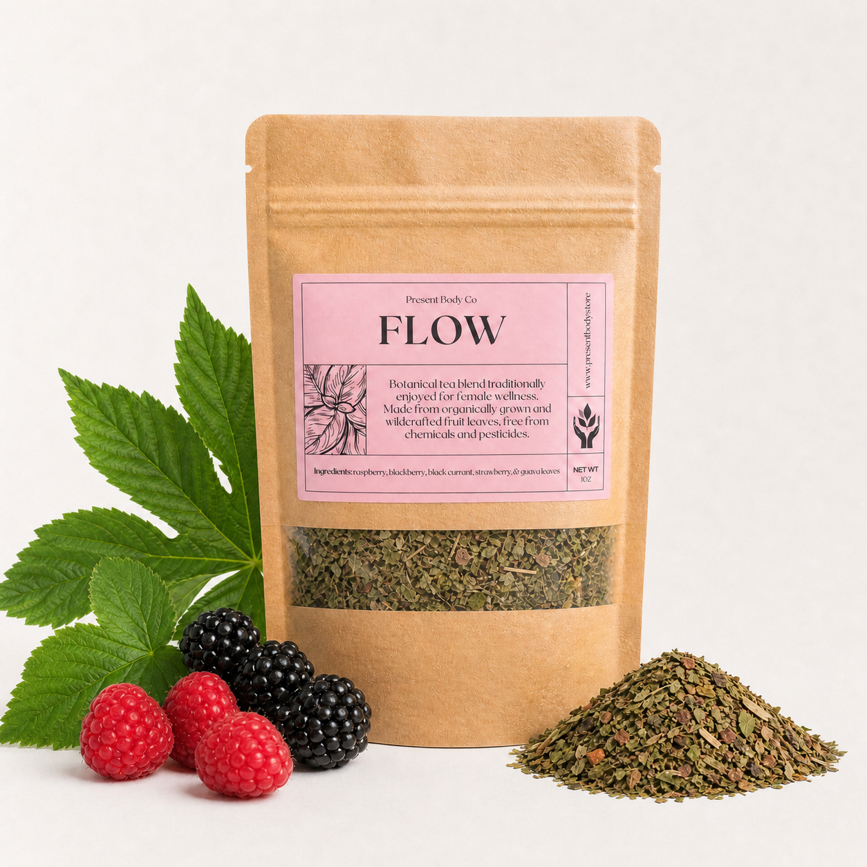 A kraft paper stand-up pouch labeled FLOW by PrunusLeaf Co., shown with green leaves, raspberries, and a small pile of loose dried herbs on a light neutral background.