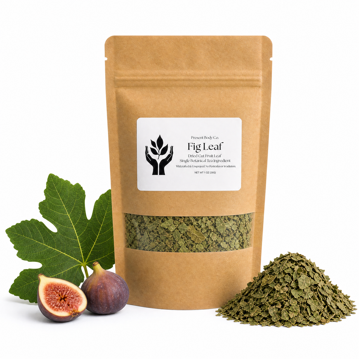 Present Body Co. Fig Leaf dried and cut leaf tea in a 1 oz kraft pouch.