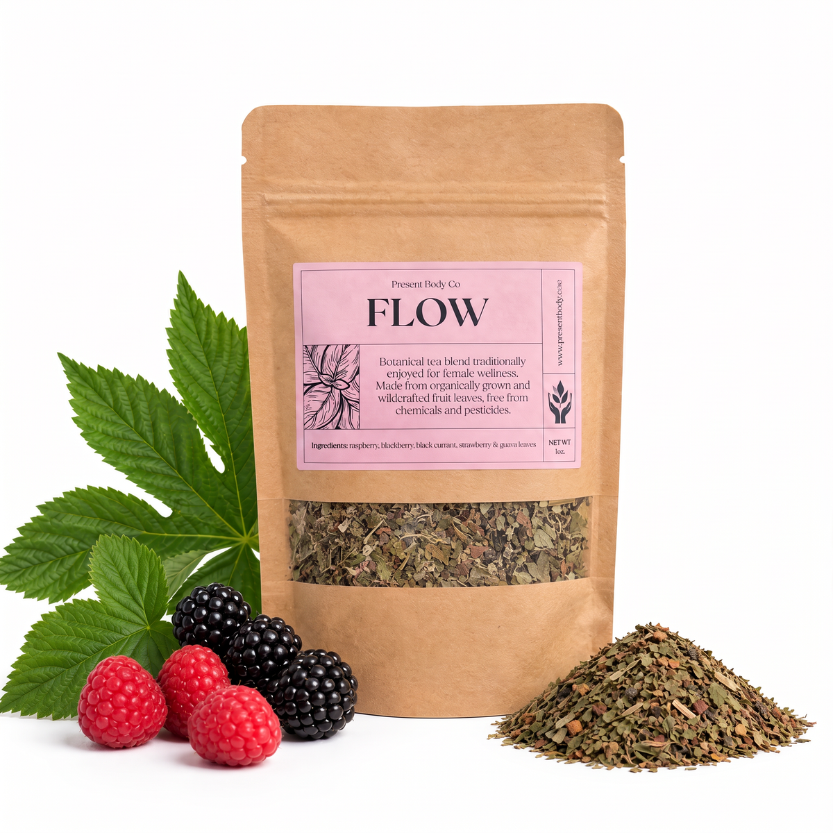 Present Body Co. Flow Fruit Leaf Tea, a raspberry and blackberry leaf blend, in a 1 oz kraft pouch.