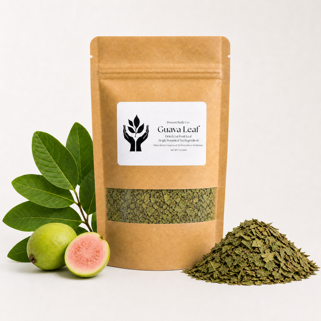A kraft paper stand-up pouch labeled Desert Botany Co. Guava Leaf, shown with green guava leaves and fruit, a pile of dried green leaf material, and a white background.