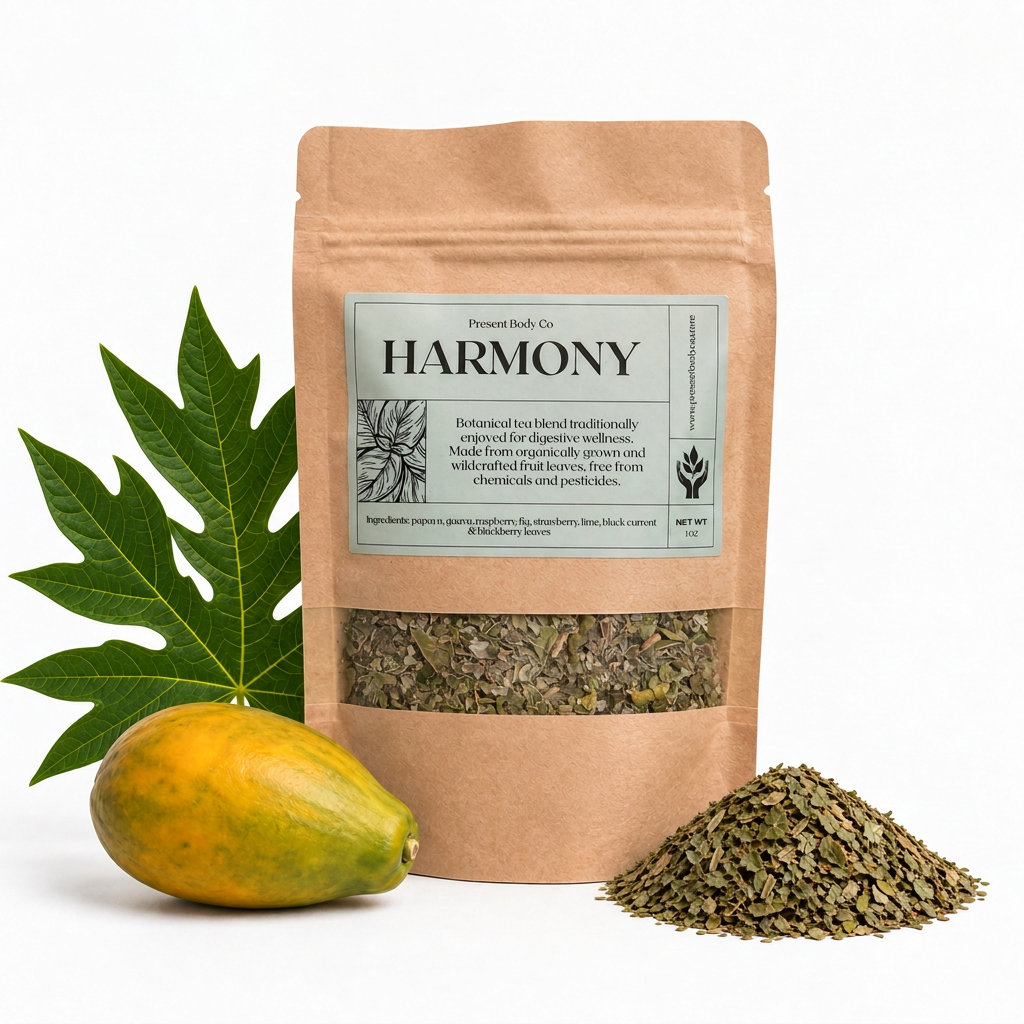 Present Body Co. Harmony Fruit Leaf Tea, a papaya and guava leaf blend, in a 1 oz kraft pouch.