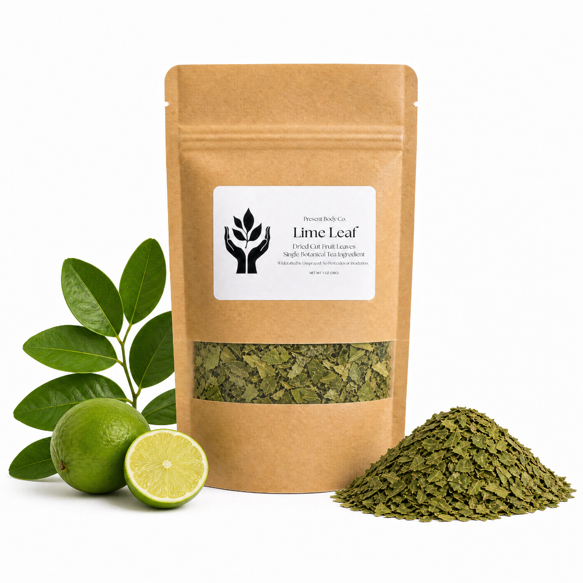 A kraft paper stand-up pouch of Lime Leaf by Present Body Co., shown on a white background with green lime leaves, two whole limes, and a pile of dried green leaf material beside it.