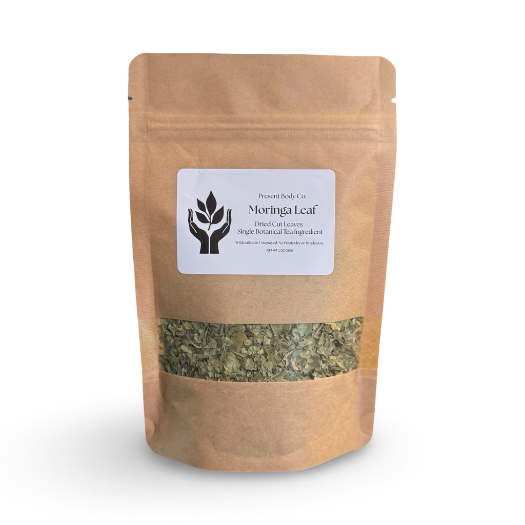 Present Body Co. Moringa Leaf dried and cut leaf tea.