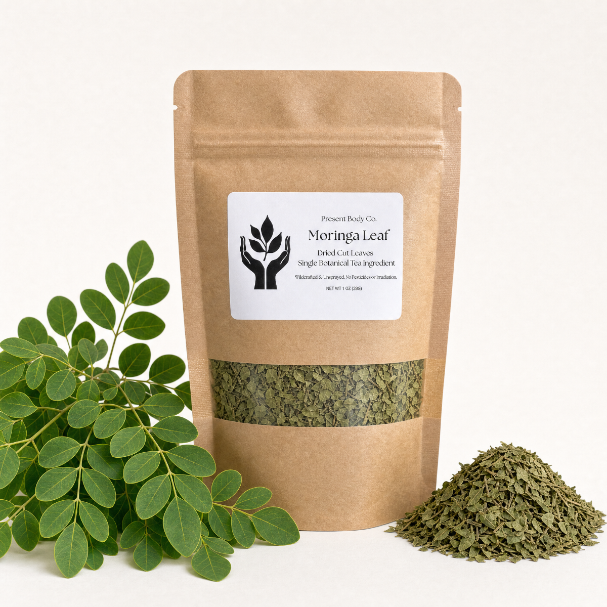 A kraft paper stand-up pouch labeled 'Moringa Leaf' by Present Body Co., shown on a white background with green moringa leaves on the left and a small pile of dried moringa leaves on the right.