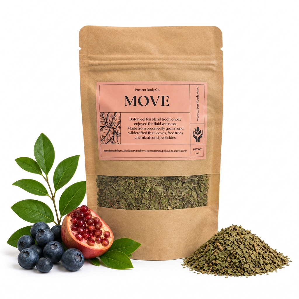 Present Body Co. Move Fruit Leaf Tea, a bilberry and pomegranate leaf blend, in a 1 oz kraft pouch.
