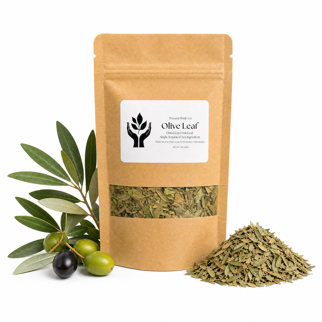 Present Body Co. Olive Leaf dried and cut leaf tea.