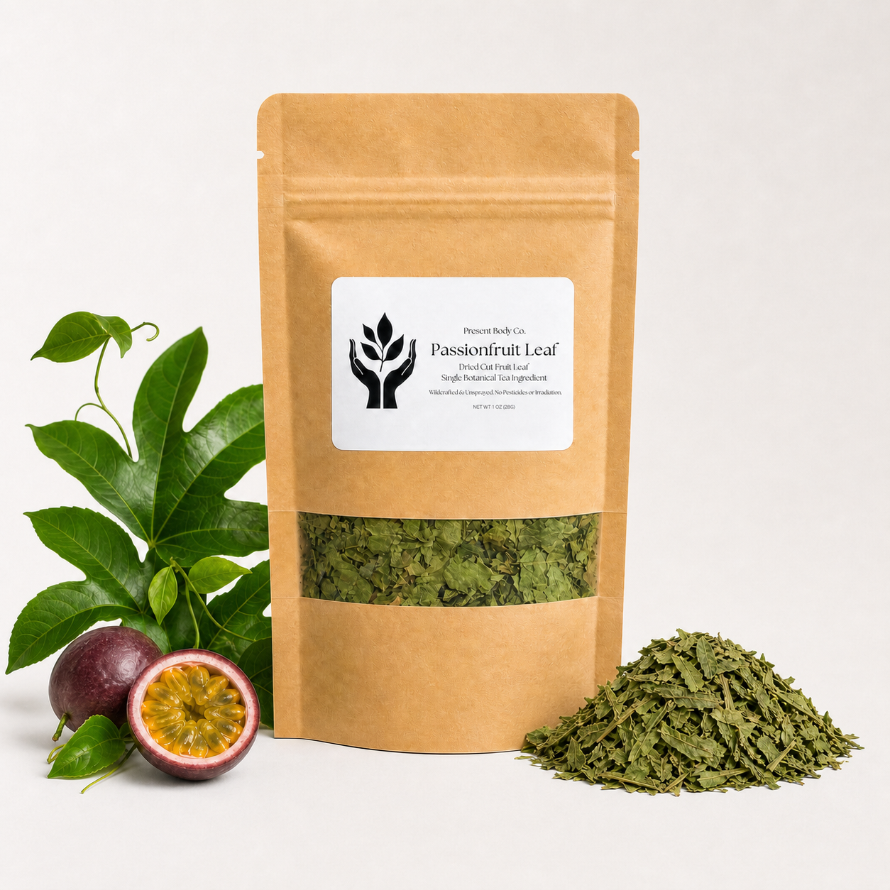 A kraft paper stand-up pouch labeled Passionfruit Leaf, with a clear window showing dried green leaves, plus loose green leaf material and passionfruit props on a clean white background.