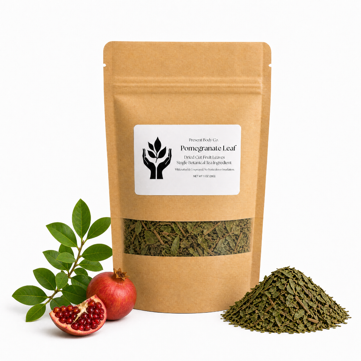 A kraft paper stand-up pouch labeled 'Pomegranate Leaf' with a clear window showing dried green leaves inside, styled with a pomegranate, a green leafy branch, and a pile of loose dried leaves on a white background.
