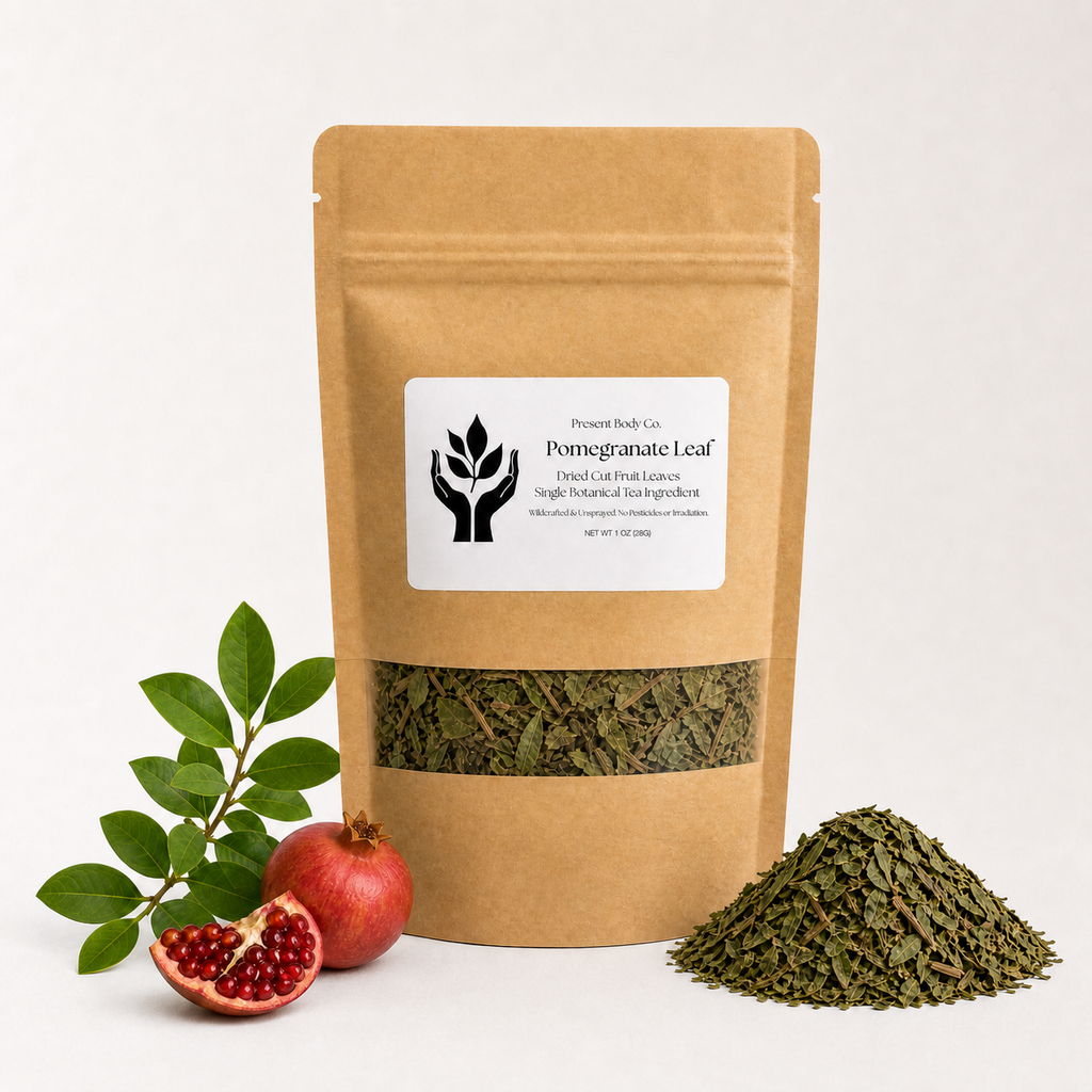 A kraft paper stand-up pouch labeled 'Pomegranate Leaf' with a clear window showing dried green leaves inside, styled with a pomegranate, a green leafy branch, and a small pile of the leaf material on a white background.