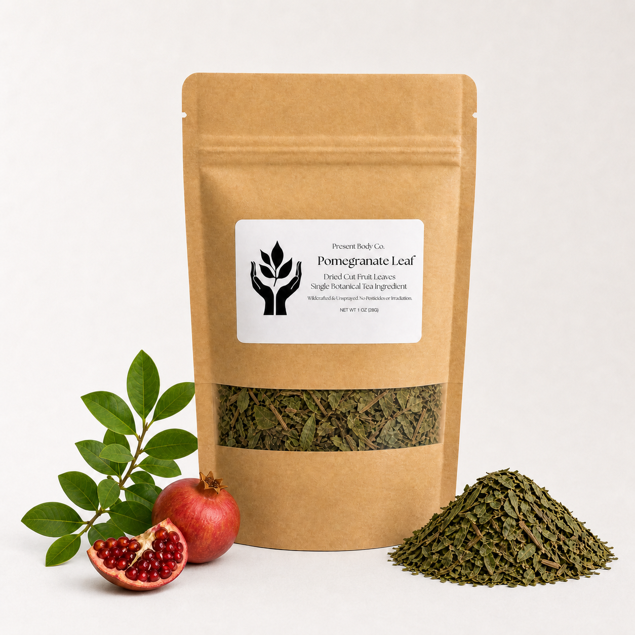 A kraft paper stand-up pouch labeled 'Pomegranate Leaf' with a clear window showing dried green leaves inside, styled with a pomegranate, a green leafy branch, and a small pile of the leaf material on a white background.