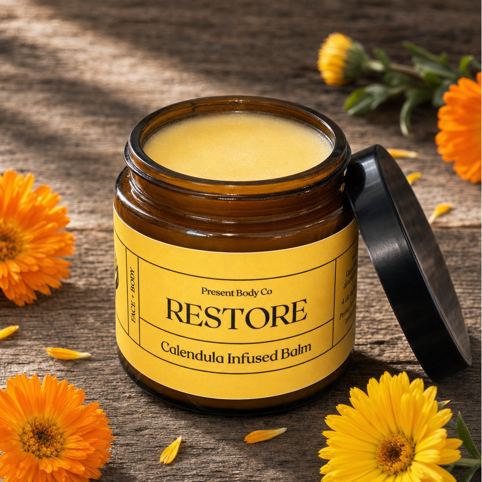 An open amber glass jar of Present Body Co. Restore Calendula Infused Balm with its black lid leaning against it, set on a rustic wooden surface surrounded by bright orange and yellow calendula flowers.