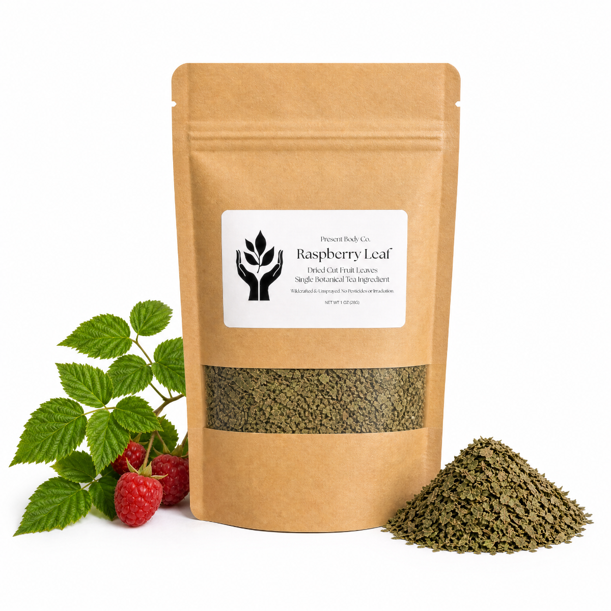A kraft paper stand-up pouch of Raspberry Leaf by Present Body Co., shown on a white background with green leaves and red raspberries on the left and a small pile of dried green leaves on the right.