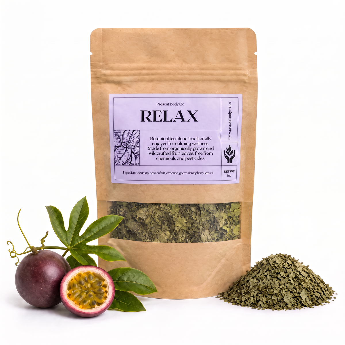 Present Body Co. Relax Fruit Leaf Tea, a soursop and passion fruit leaf blend, in a 1 oz kraft pouch.