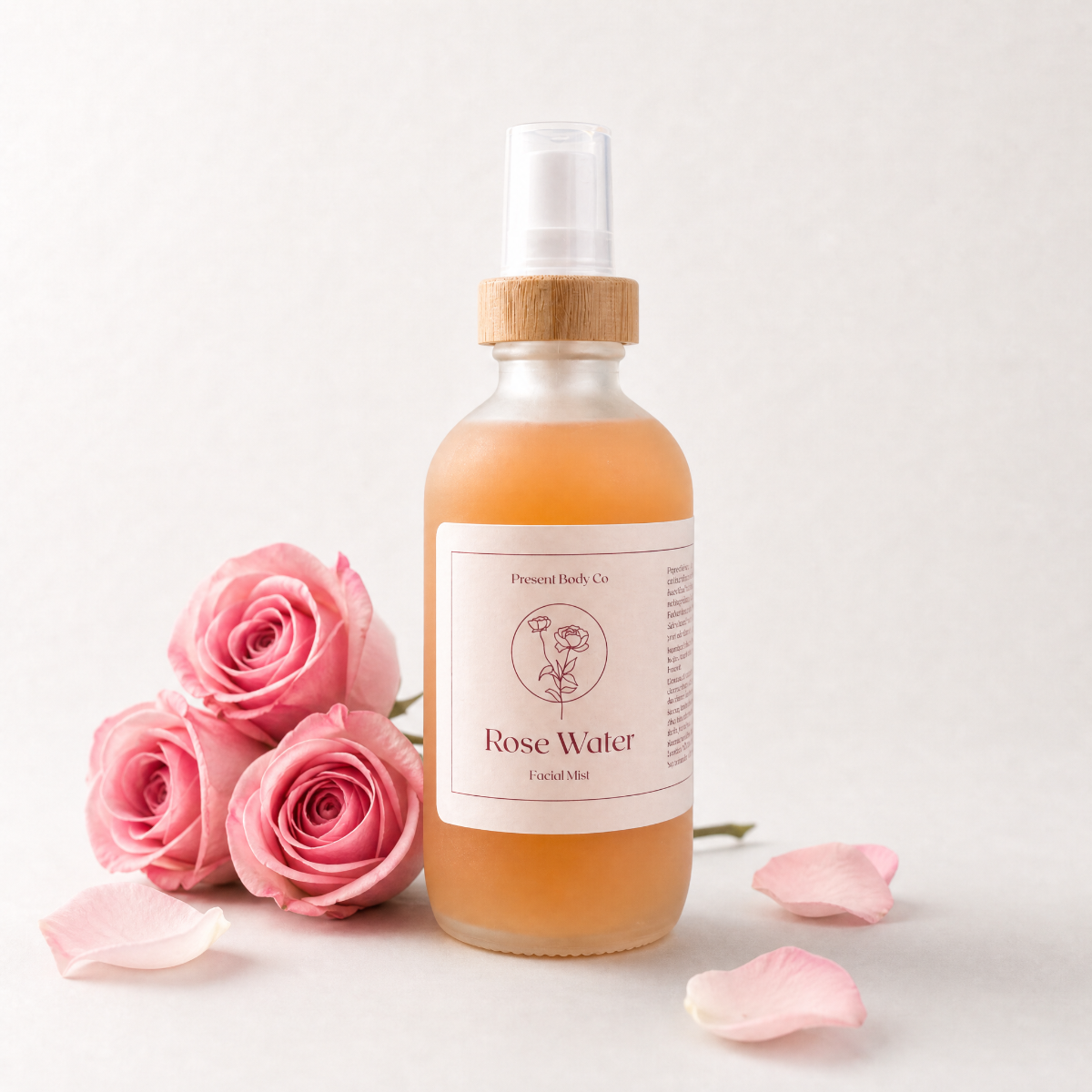 A frosted glass spray bottle filled with amber liquid, labeled 'Rose Water' by Present Bot Co., styled with pink roses and scattered petals on a light neutral background.