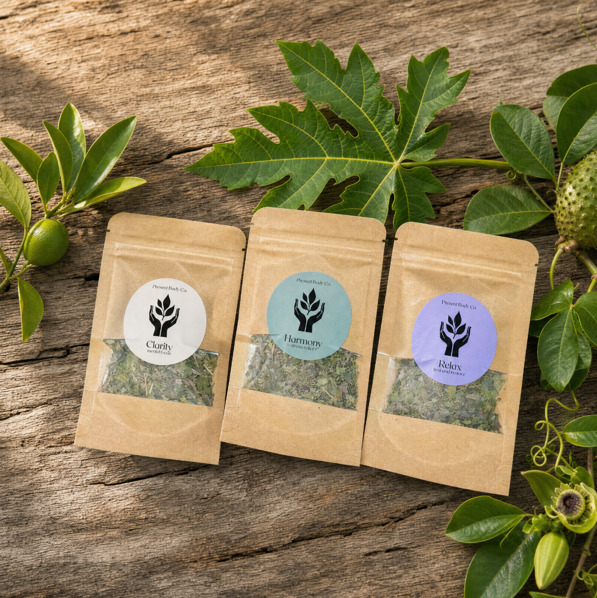 Three small kraft paper pouches of dried herbs labeled Chast, Harmony, and Alices, arranged on a rustic wooden surface with green leaves and botanical elements around them.