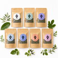 Seven kraft paper stand-up pouches of Present Body Co. tea blends arranged in two rows on a white background, surrounded by green leaves and small botanical sprigs.