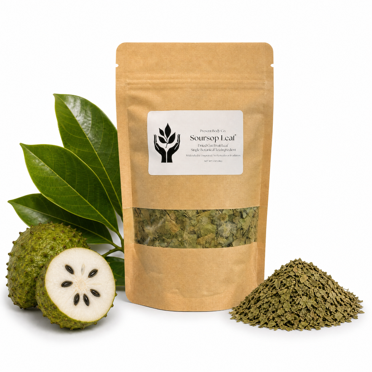 A kraft paper stand-up pouch labeled 'Soursop Leaf' stands on a white background, flanked by whole and sliced green soursop fruit and a small pile of dried leaf material. The pouch has a clear window showing the dried green leaves inside.