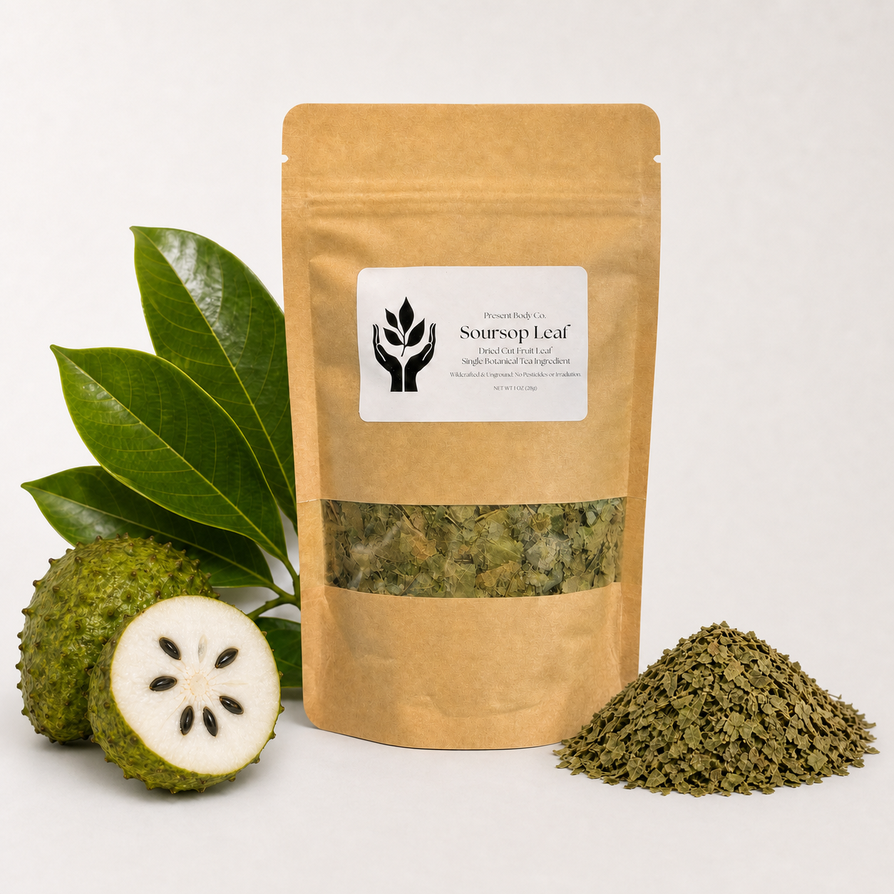 A kraft paper stand-up pouch labeled 'Soursy Leaf' stands on a white background, styled with green leaves, a whole and halved green fruit, and a small pile of dried green powder.