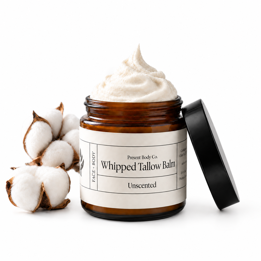 Present Body Co. Unscented Whipped Tallow Balm, fragrance free, in a 4 oz amber glass jar.