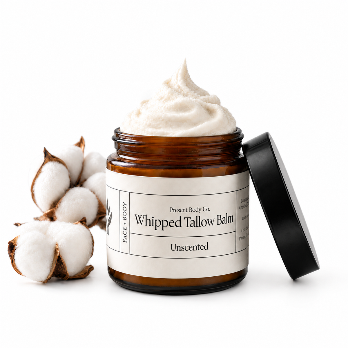 Present Body Co. Unscented Whipped Tallow Balm, fragrance free, in a 4 oz amber glass jar.