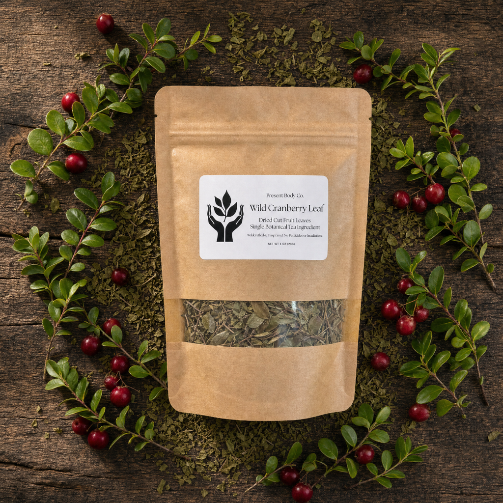 A kraft paper stand-up pouch labeled 'Forest Root Co. Wild Cranberry Leaf' sits on a rustic wooden surface, surrounded by green cranberry leaves and red berries arranged in a circular pattern.